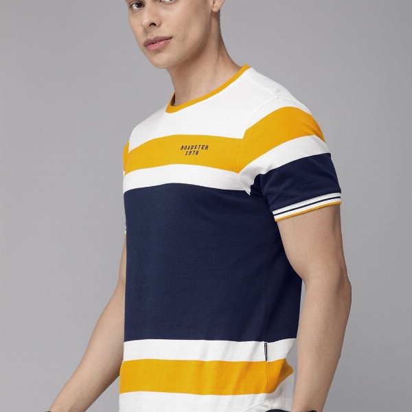 Roadster Men White Mustard Yellow Colourblocked Round Neck Pure Cotton T-shirt