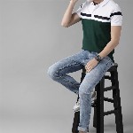 Roadster Men Green & White Pure Cotton Colourblocked Polo Collar T-shirt