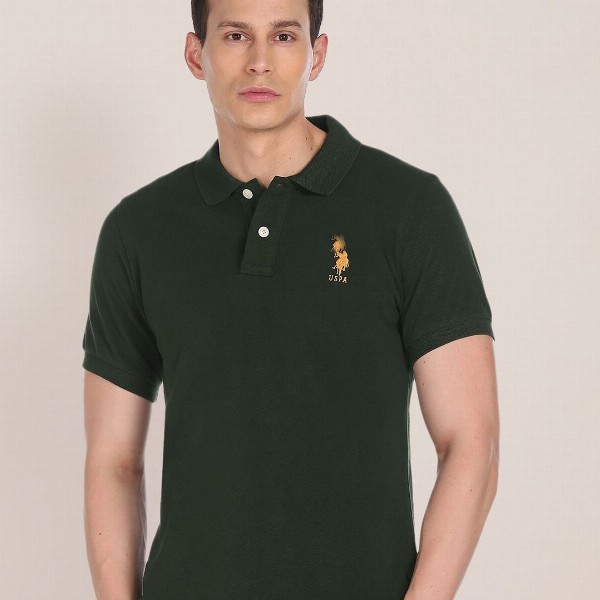 U S Polo Assn Men Green Brand Logo Embroidered Pure Cotton Polo Collar Slim Fit T-shirt