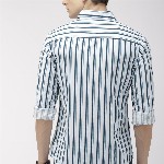 The Indian Garage Co Men White & Teal Blue Slim Fit Striped Casual Shirt