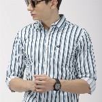 The Indian Garage Co Men White & Teal Blue Slim Fit Striped Casual Shirt