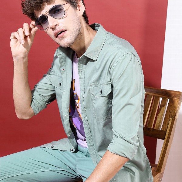 HIGHLANDER Men Green Slim Fit Solid Casual Shirt