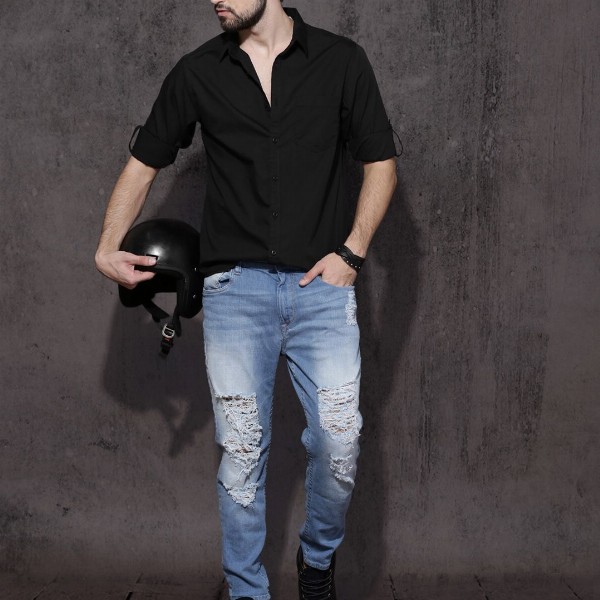 Roadster Men Black Pure Cotton Casual Shirt