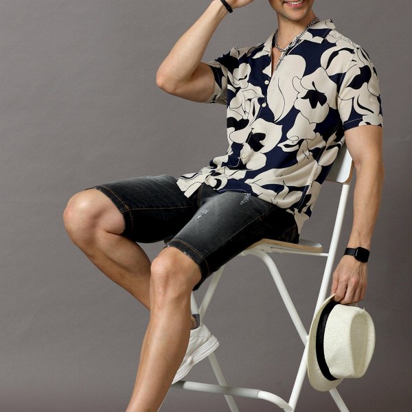 HERE&NOW Men Navy Blue & Off White Slim Fit Printed Casual Shirt