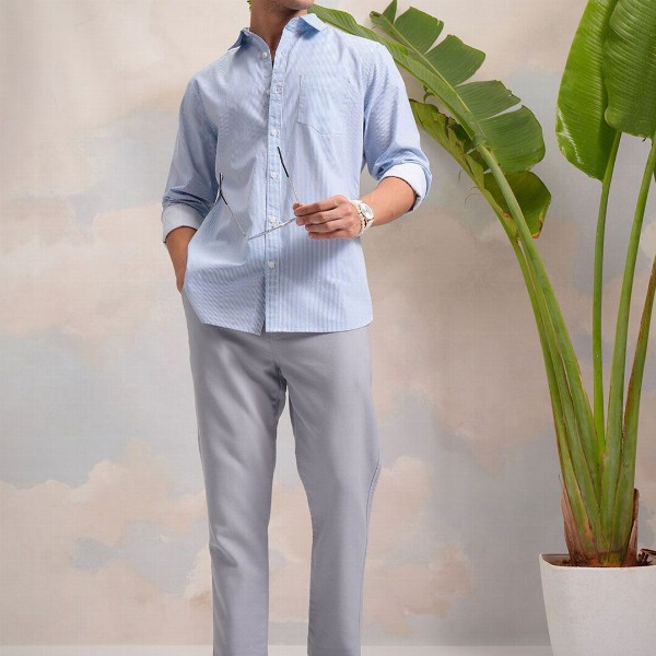 HIGHLANDER Blue Classic Slim Fit Vertical Striped Spread Collar Cotton Casual Shirt