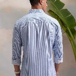 HIGHLANDER Blue Classic Slim Fit Vertical Striped Spread Collar Cotton Casual Shirt