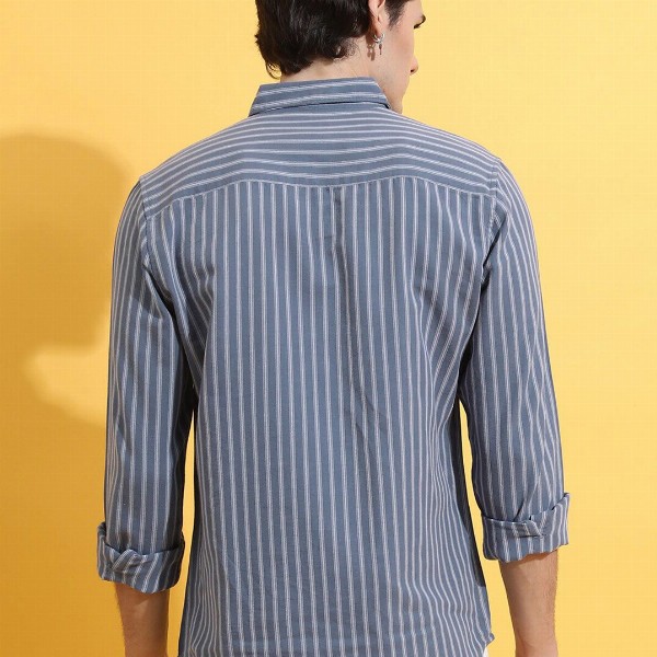 HIGHLANDER Grey Slim Fit Striped Casual Cotton Shirt