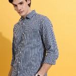 HIGHLANDER Grey Slim Fit Striped Casual Cotton Shirt