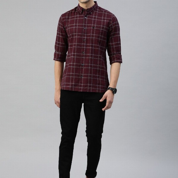 THE BEAR HOUSE Men Maroon & Grey Slim Fit Solid Casual Shirt