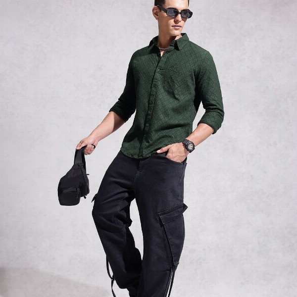 WROGN Opaque Self Design Textured Pure Cotton Casual Shirt