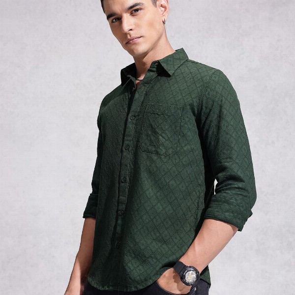 WROGN Opaque Self Design Textured Pure Cotton Casual Shirt