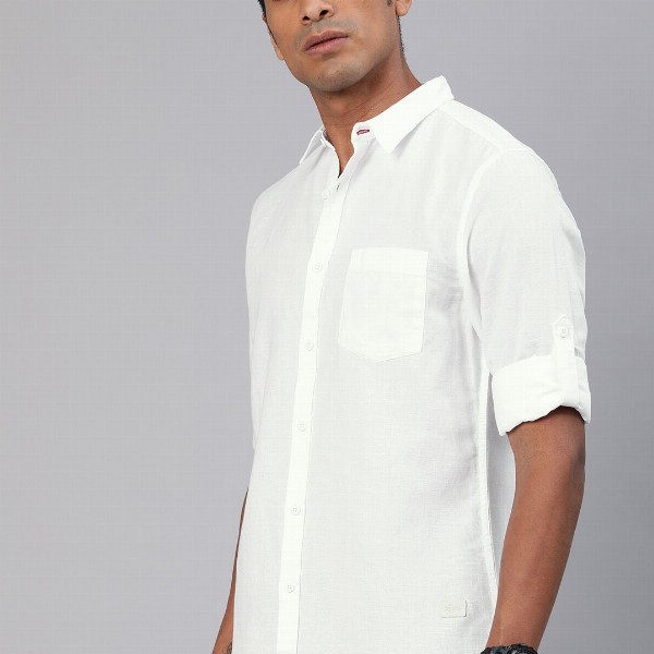 Roadster Men White Cotton Linen Casual Shirt With Roll-Up Sleeves
