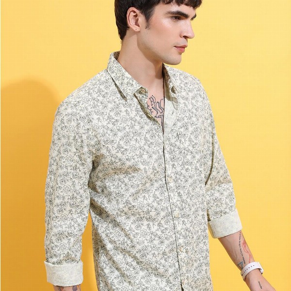 HIGHLANDER Lime Green Floral Printed Spread Collar Slim Fit Cotton Casual Shirt