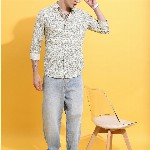 HIGHLANDER Lime Green Floral Printed Spread Collar Slim Fit Cotton Casual Shirt