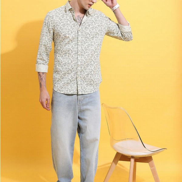 HIGHLANDER Lime Green Floral Printed Spread Collar Slim Fit Cotton Casual Shirt