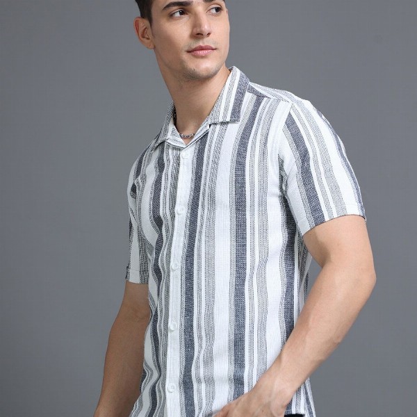 HERE&NOW White Slim Fit Vertical Striped Cuban Collar Cotton Casual Shirt