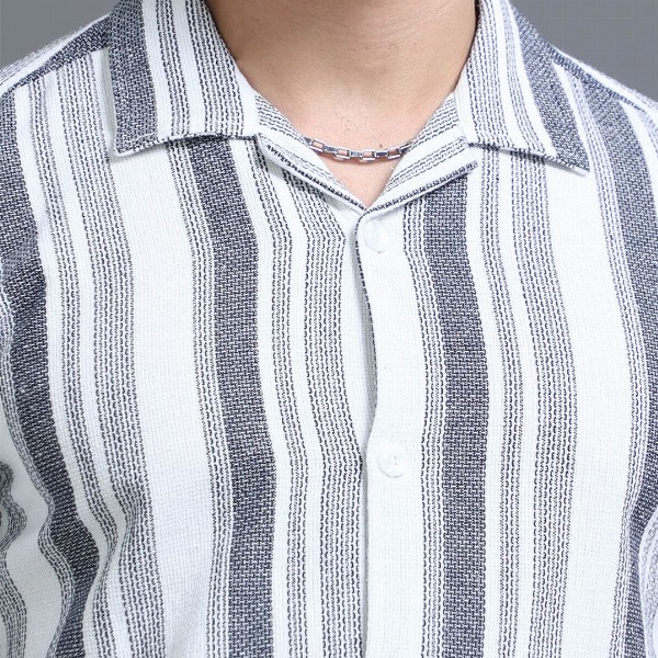 HERE&NOW White Slim Fit Vertical Striped Cuban Collar Cotton Casual Shirt