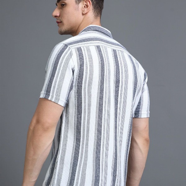 HERE&NOW White Slim Fit Vertical Striped Cuban Collar Cotton Casual Shirt