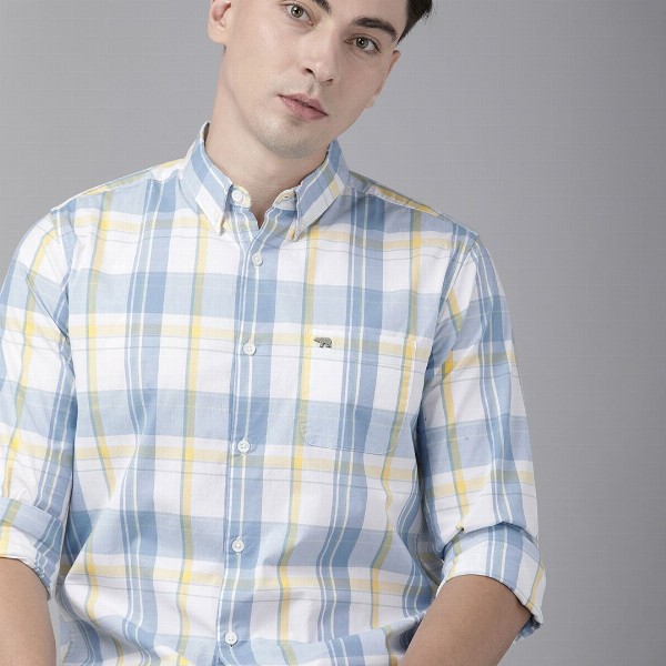 THE BEAR HOUSE Men White & Blue Classic Slim Fit Checked Pure Cotton Casual Shirt