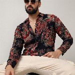 Campus Sutra Black Classic Floral Printed Spread Collar Casual Shirt