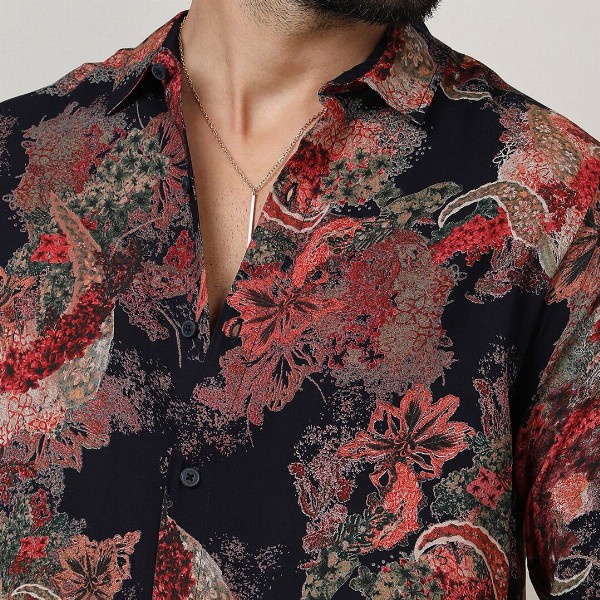 Campus Sutra Black Classic Floral Printed Spread Collar Casual Shirt