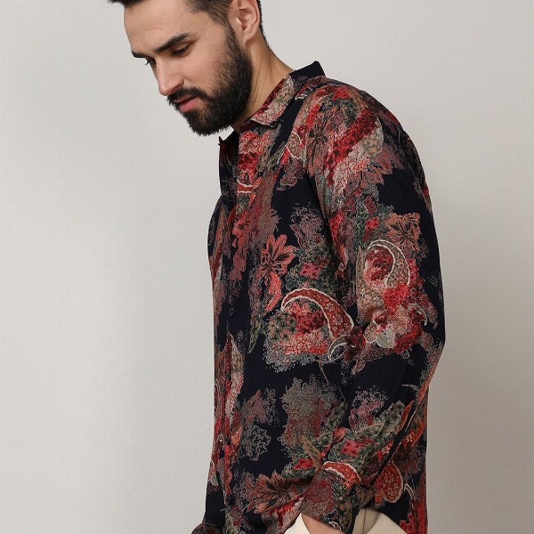 Campus Sutra Black Classic Floral Printed Spread Collar Casual Shirt