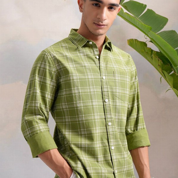 HIGHLANDER Green Classic Slim Fit Tartan Checked Spread Collar Cotton Casual Shirt