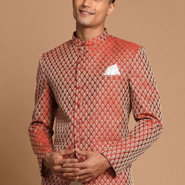 VASTRAMAY Men Maroon Self-Design Slim-Fit Bandhgala Blazer