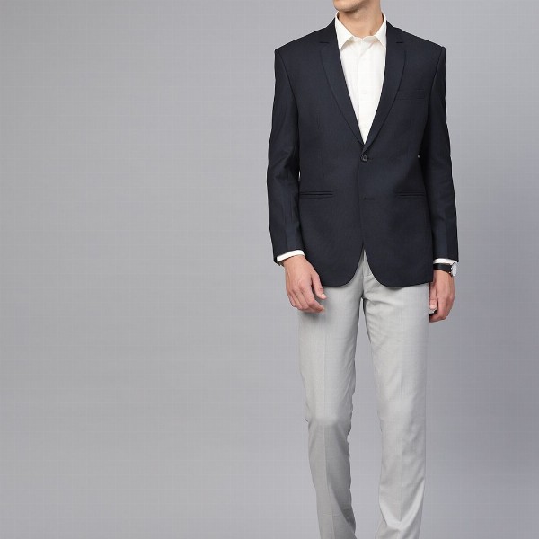 MANQ Men Navy Blue Slim Fit Solid Single Breasted Formal Blazer