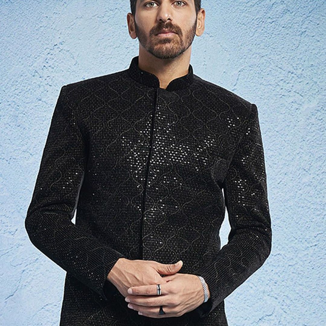 VASTRAMAY Embroidered Sequinned Mandarin Collar Slim-Fit Velvet Bandhgala Blazers