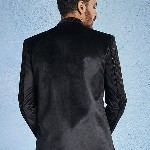 VASTRAMAY Embroidered Sequinned Mandarin Collar Slim-Fit Velvet Bandhgala Blazers