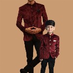 VASTRAMAY Polka Dot Printed Slim Fit Single Breasted Bandhgala Velvet Blazer