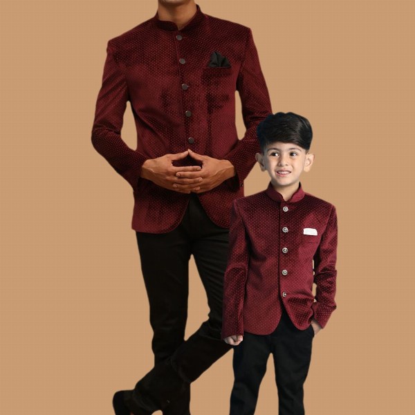 VASTRAMAY Polka Dot Printed Slim Fit Single Breasted Bandhgala Velvet Blazer