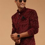 VASTRAMAY Polka Dot Printed Slim Fit Single Breasted Bandhgala Velvet Blazer