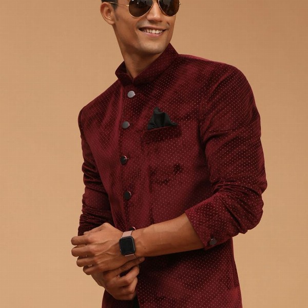 VASTRAMAY Polka Dot Printed Slim Fit Single Breasted Bandhgala Velvet Blazer