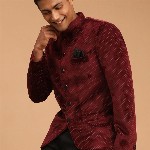 VASTRAMAY Polka Dot Printed Slim Fit Single Breasted Bandhgala Velvet Blazer
