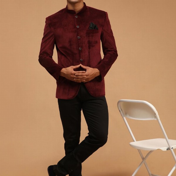 VASTRAMAY Polka Dot Printed Slim Fit Single Breasted Bandhgala Velvet Blazer